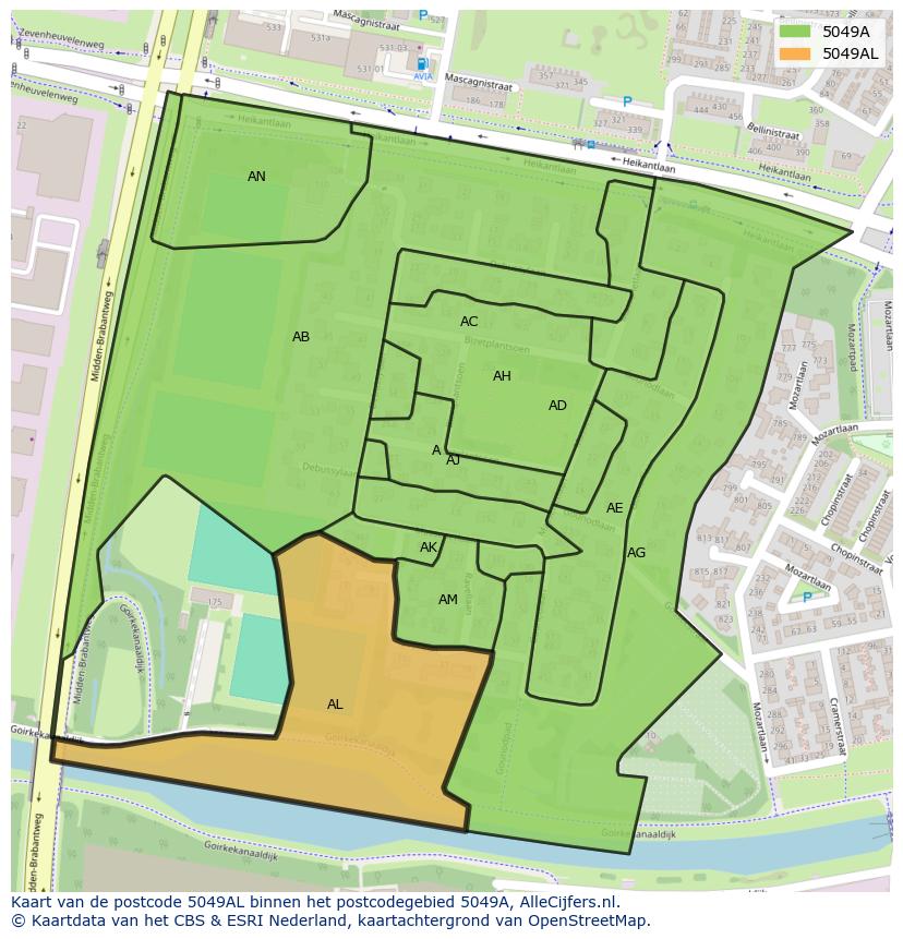 Afbeelding van het postcodegebied 5049 AL op de kaart.