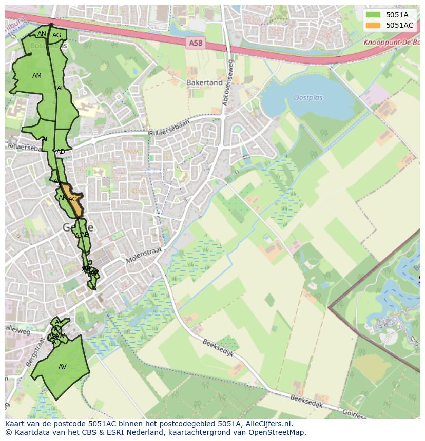 Afbeelding van het postcodegebied 5051 AC op de kaart.