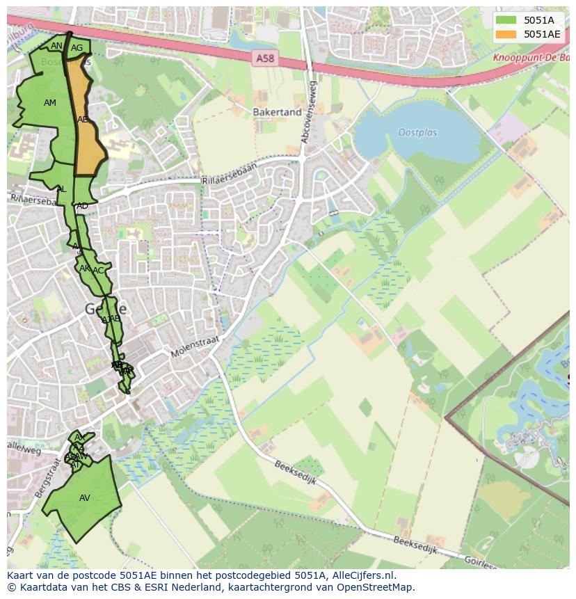 Afbeelding van het postcodegebied 5051 AE op de kaart.