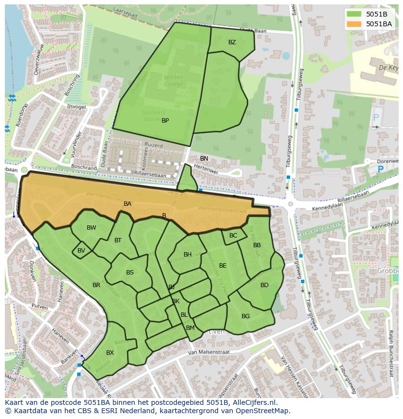 Afbeelding van het postcodegebied 5051 BA op de kaart.