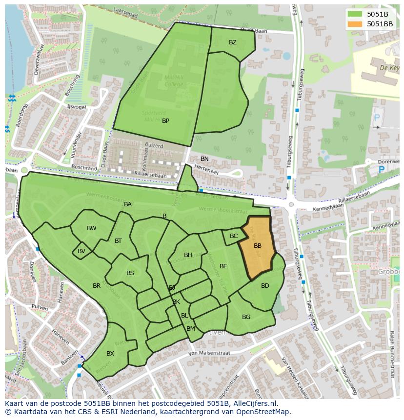 Afbeelding van het postcodegebied 5051 BB op de kaart.