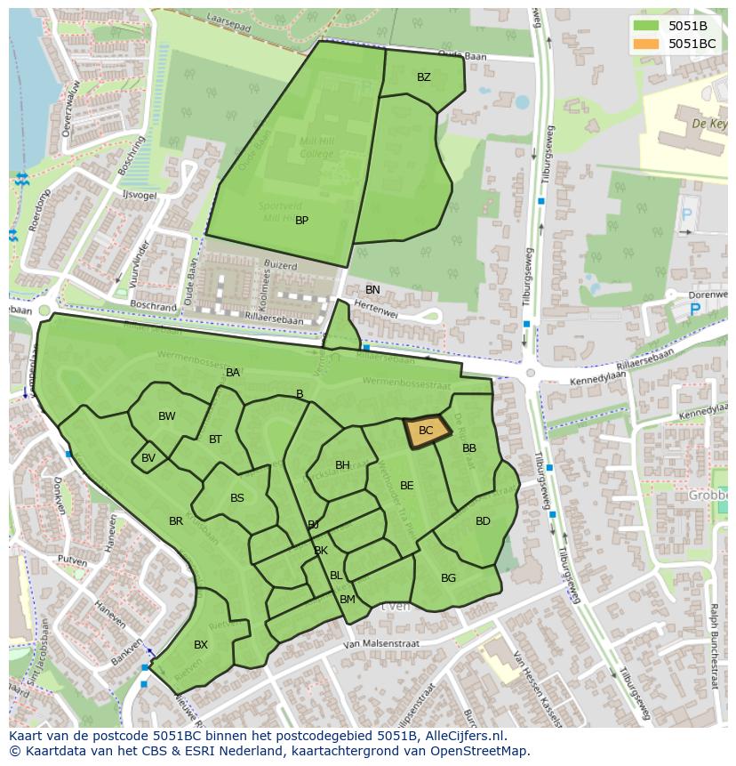 Afbeelding van het postcodegebied 5051 BC op de kaart.