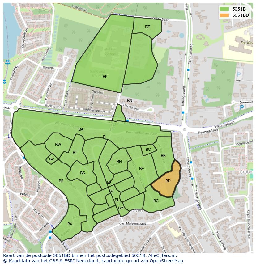 Afbeelding van het postcodegebied 5051 BD op de kaart.