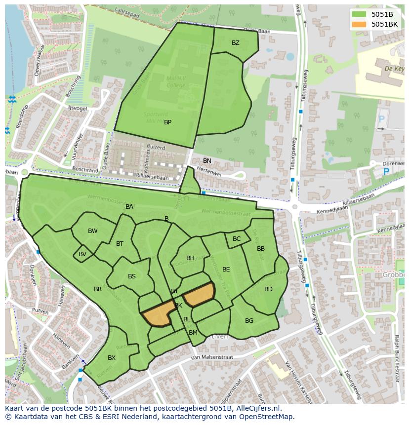 Afbeelding van het postcodegebied 5051 BK op de kaart.