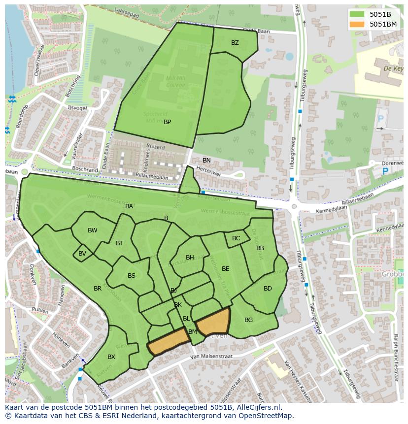 Afbeelding van het postcodegebied 5051 BM op de kaart.