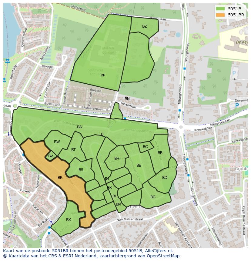 Afbeelding van het postcodegebied 5051 BR op de kaart.