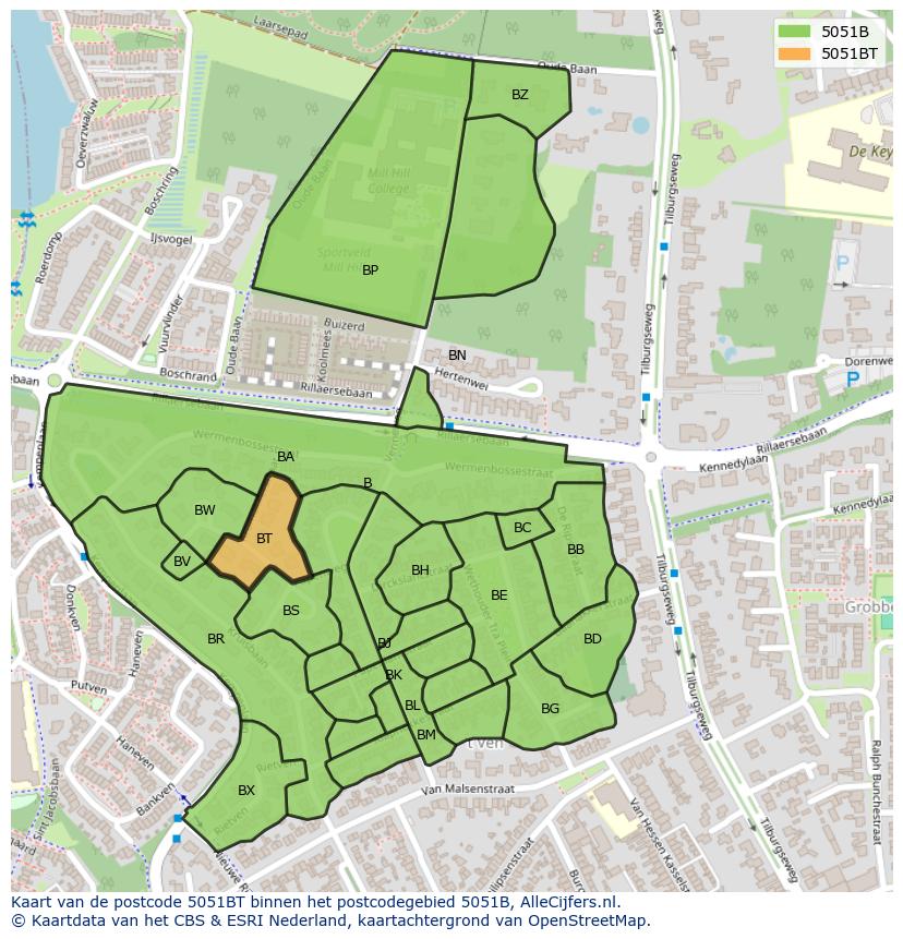 Afbeelding van het postcodegebied 5051 BT op de kaart.