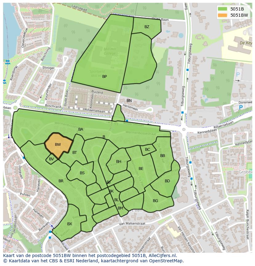 Afbeelding van het postcodegebied 5051 BW op de kaart.