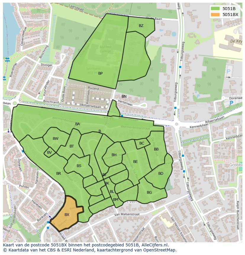 Afbeelding van het postcodegebied 5051 BX op de kaart.