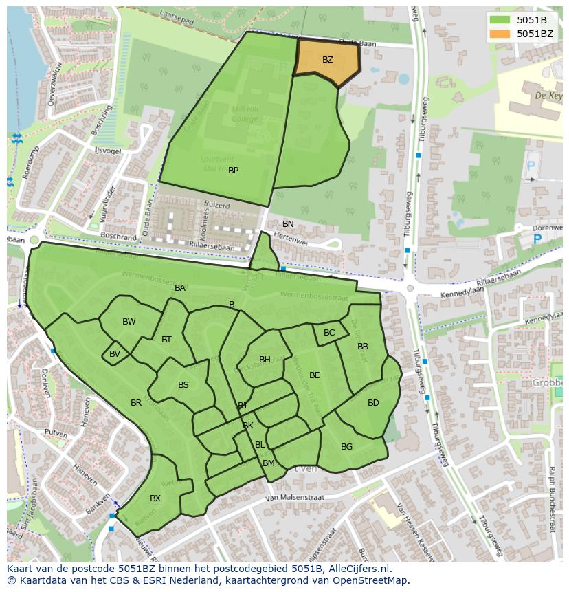 Afbeelding van het postcodegebied 5051 BZ op de kaart.