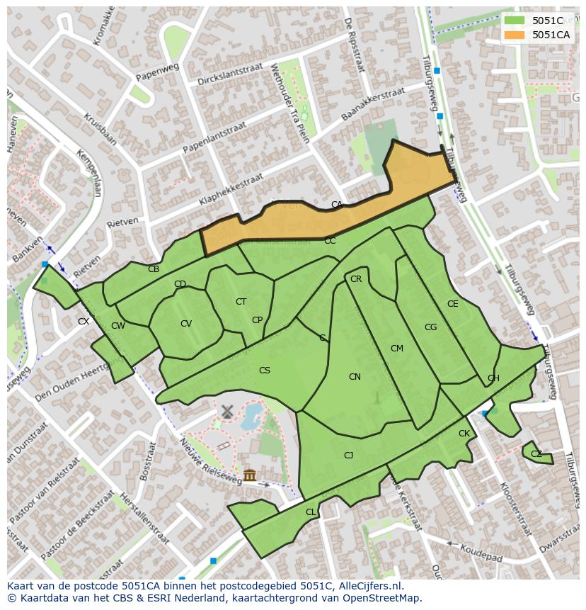 Afbeelding van het postcodegebied 5051 CA op de kaart.