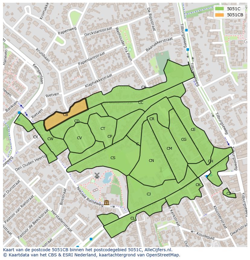 Afbeelding van het postcodegebied 5051 CB op de kaart.