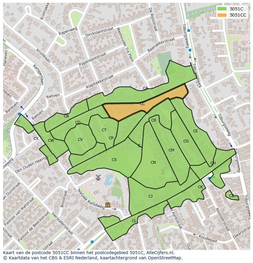 Afbeelding van het postcodegebied 5051 CC op de kaart.