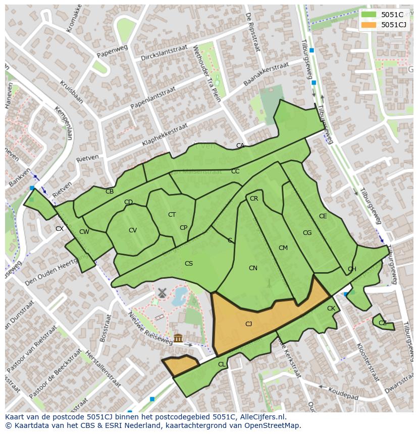 Afbeelding van het postcodegebied 5051 CJ op de kaart.