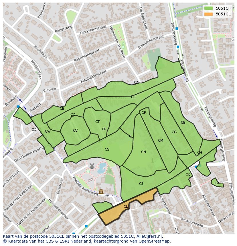 Afbeelding van het postcodegebied 5051 CL op de kaart.