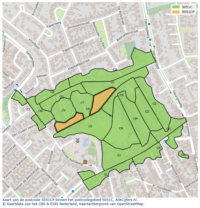 Afbeelding van het postcodegebied 5051 CP op de kaart.