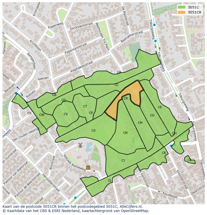 Afbeelding van het postcodegebied 5051 CR op de kaart.