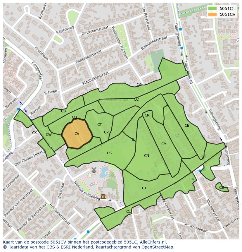 Afbeelding van het postcodegebied 5051 CV op de kaart.