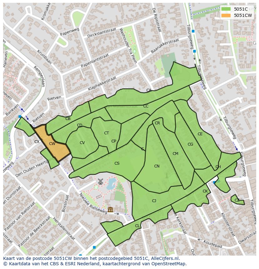 Afbeelding van het postcodegebied 5051 CW op de kaart.