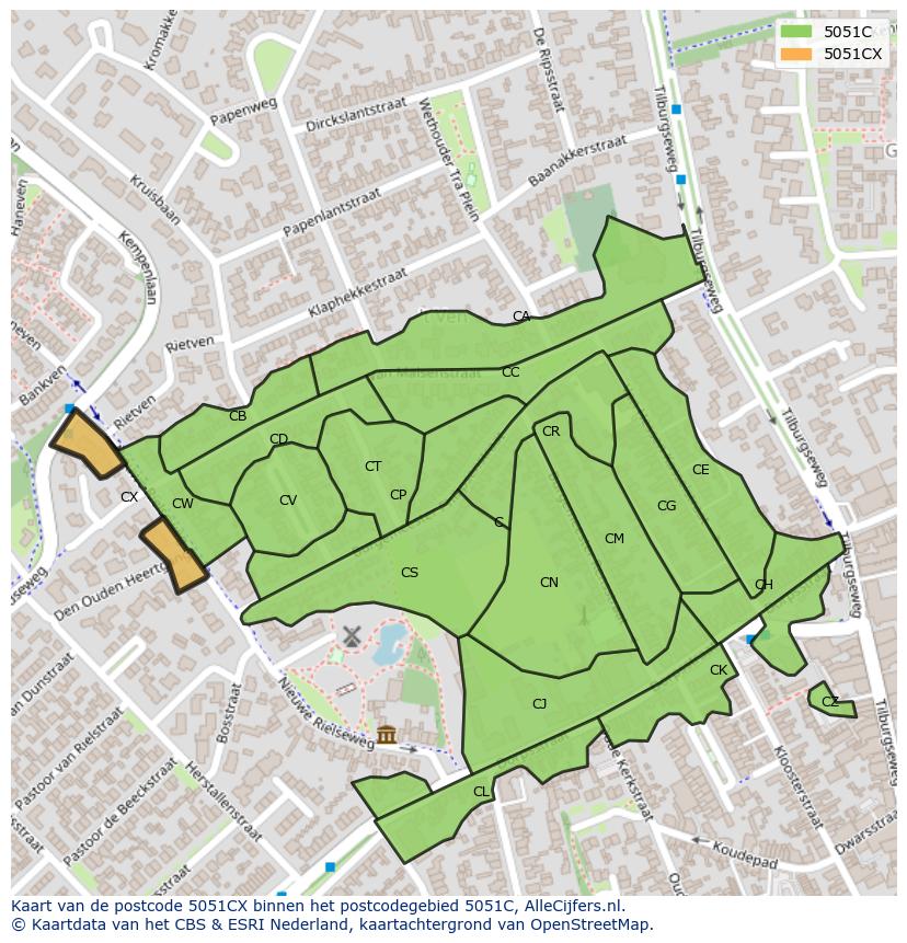 Afbeelding van het postcodegebied 5051 CX op de kaart.