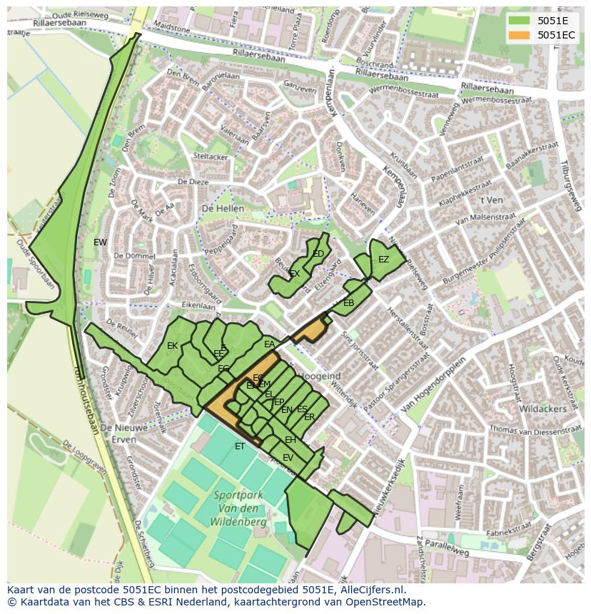 Afbeelding van het postcodegebied 5051 EC op de kaart.