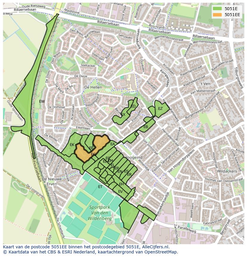 Afbeelding van het postcodegebied 5051 EE op de kaart.