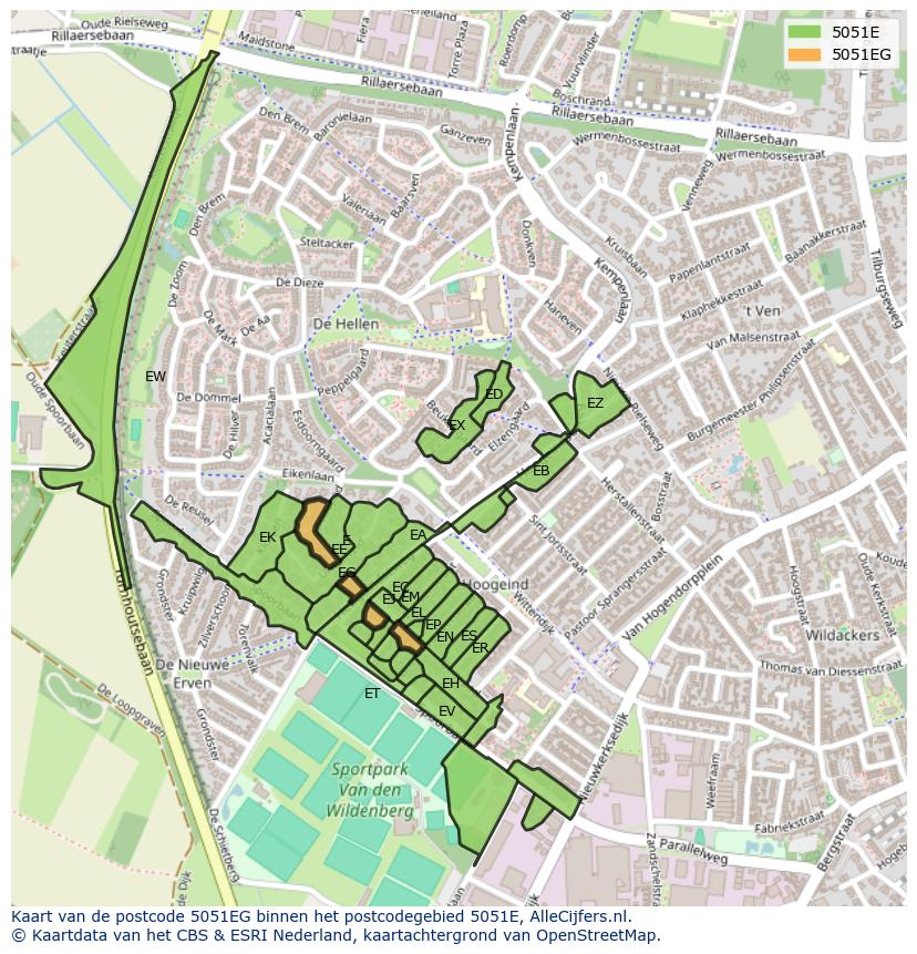 Afbeelding van het postcodegebied 5051 EG op de kaart.