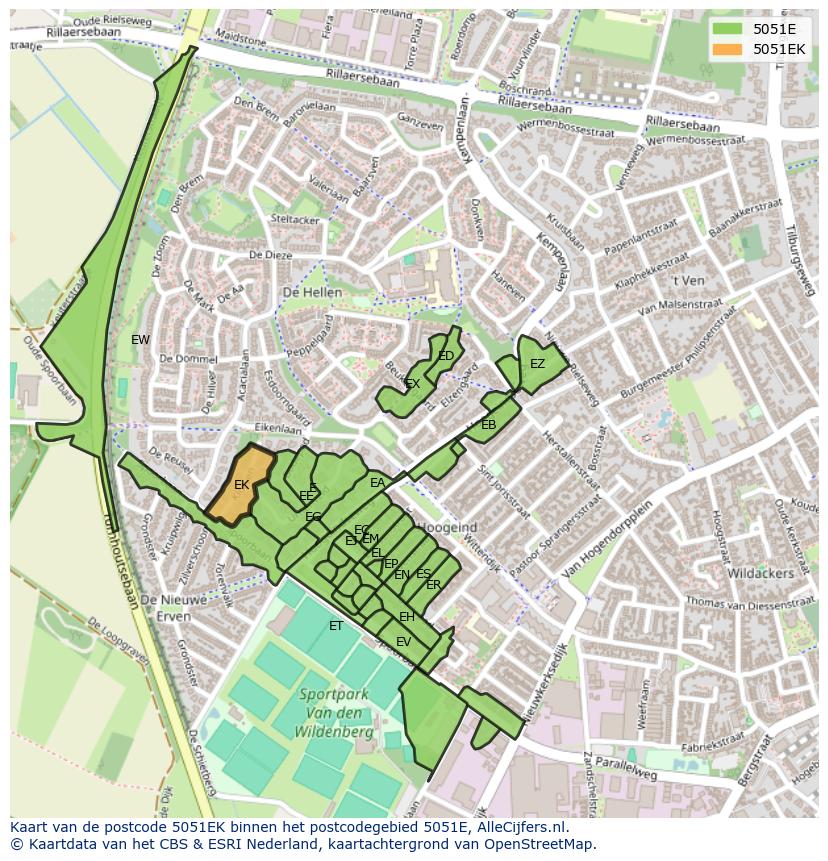 Afbeelding van het postcodegebied 5051 EK op de kaart.