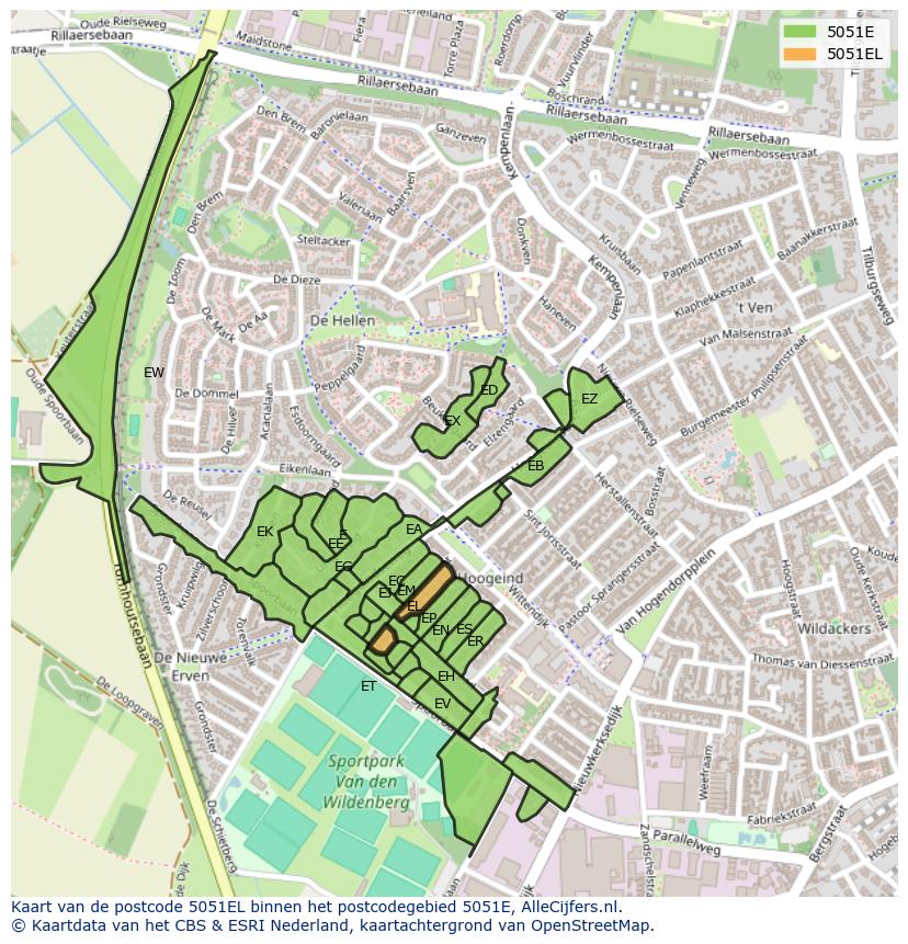 Afbeelding van het postcodegebied 5051 EL op de kaart.