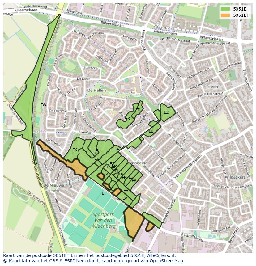 Afbeelding van het postcodegebied 5051 ET op de kaart.