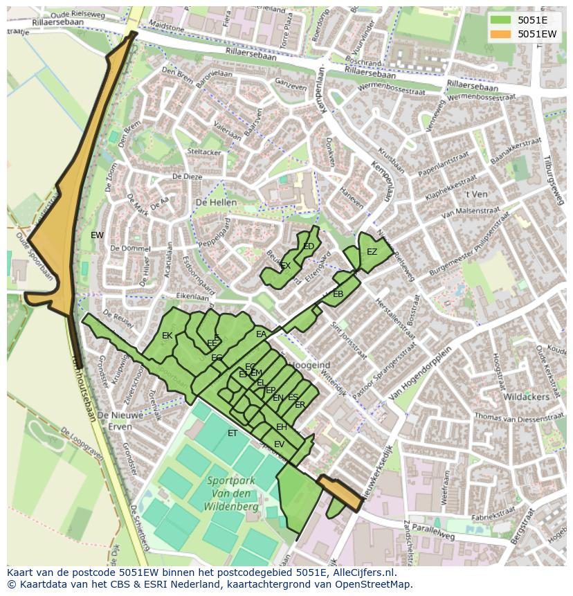 Afbeelding van het postcodegebied 5051 EW op de kaart.