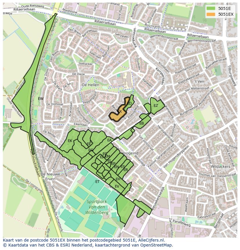 Afbeelding van het postcodegebied 5051 EX op de kaart.