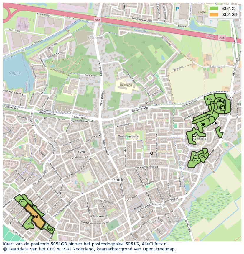 Afbeelding van het postcodegebied 5051 GB op de kaart.