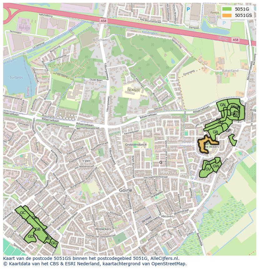 Afbeelding van het postcodegebied 5051 GS op de kaart.