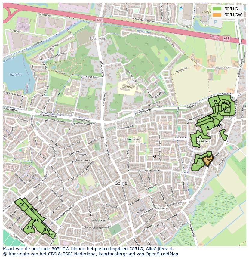 Afbeelding van het postcodegebied 5051 GW op de kaart.