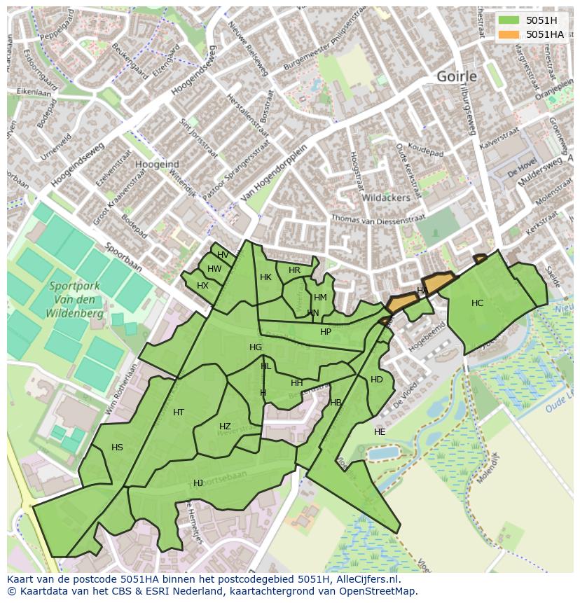 Afbeelding van het postcodegebied 5051 HA op de kaart.