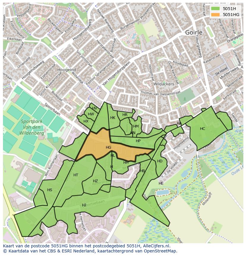 Afbeelding van het postcodegebied 5051 HG op de kaart.