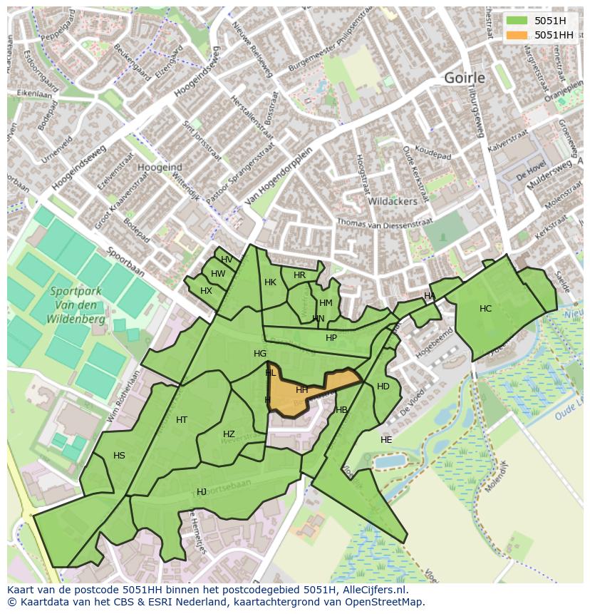 Afbeelding van het postcodegebied 5051 HH op de kaart.
