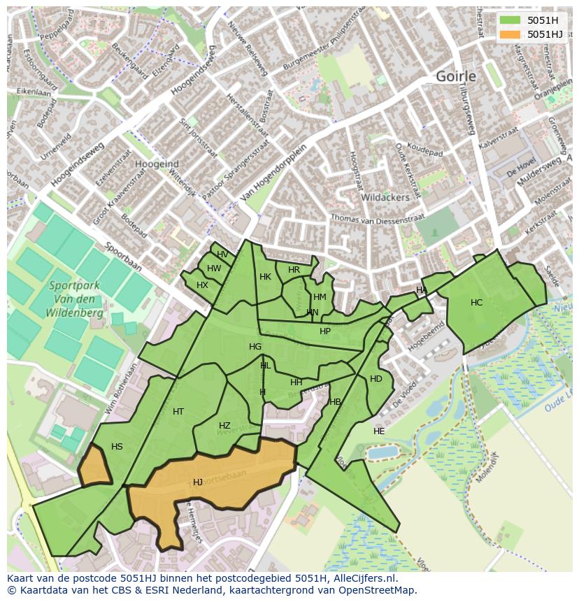 Afbeelding van het postcodegebied 5051 HJ op de kaart.