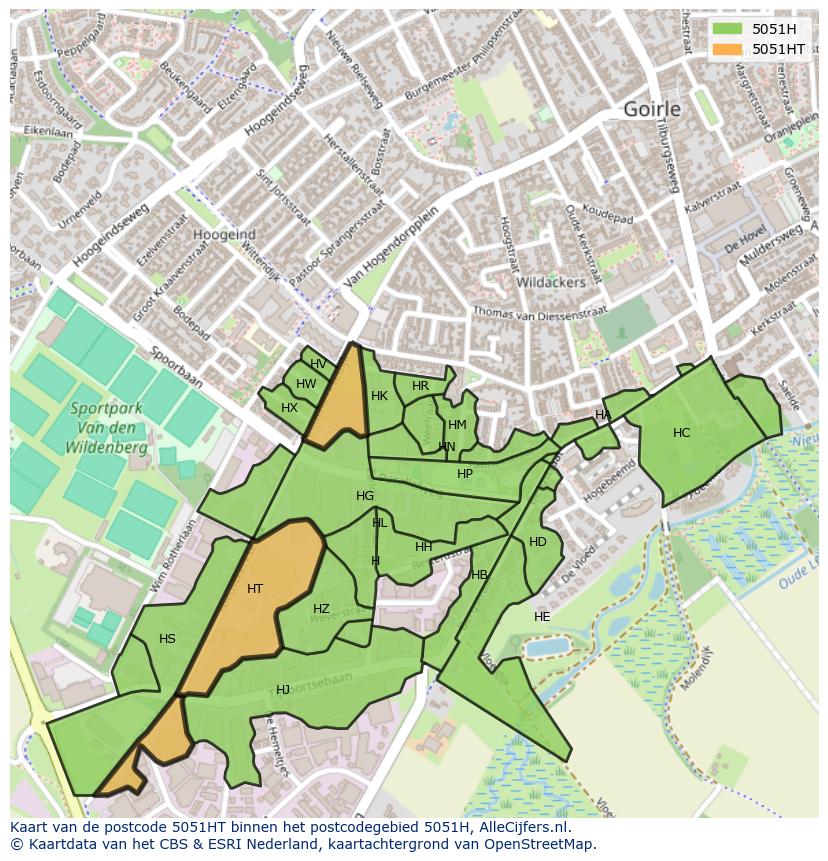 Afbeelding van het postcodegebied 5051 HT op de kaart.