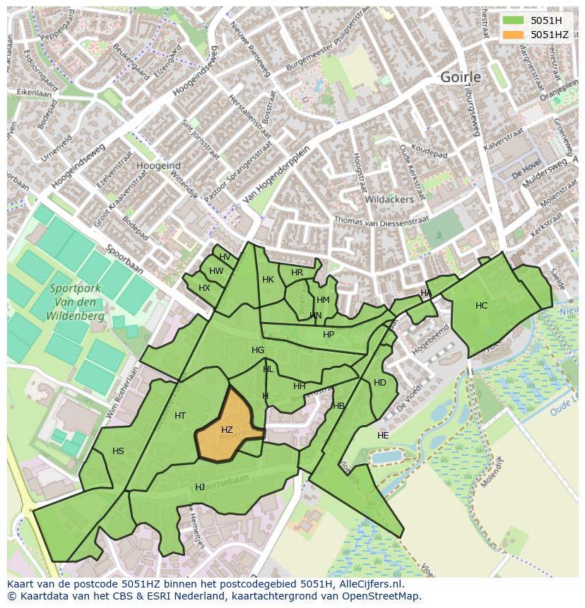 Afbeelding van het postcodegebied 5051 HZ op de kaart.