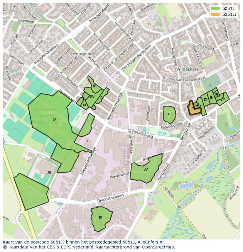 Afbeelding van het postcodegebied 5051 JJ op de kaart.