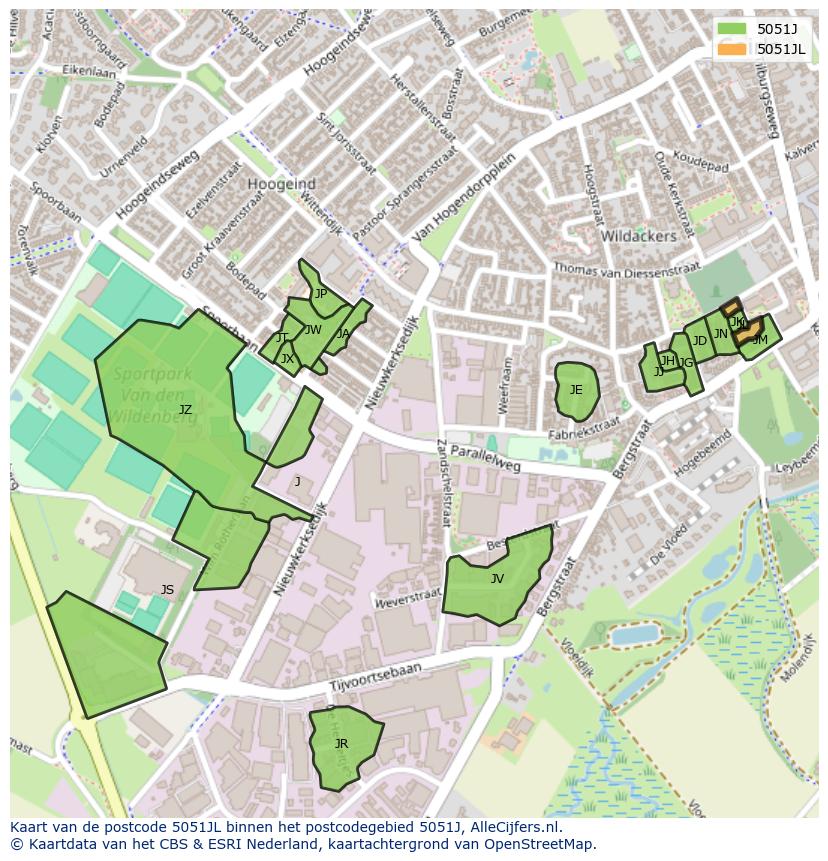 Afbeelding van het postcodegebied 5051 JL op de kaart.