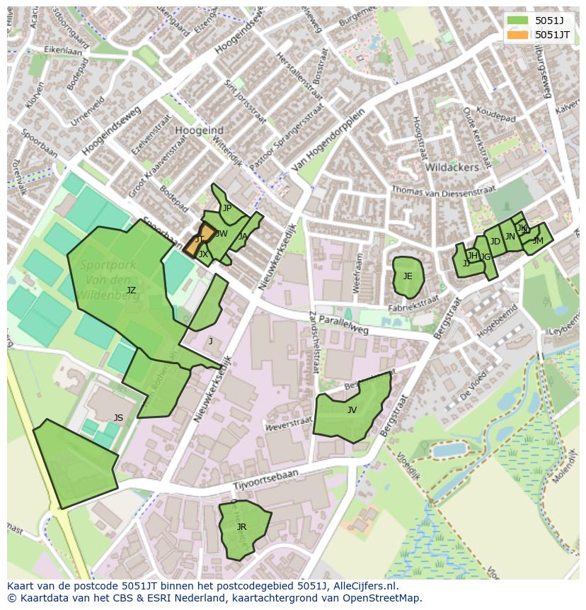 Afbeelding van het postcodegebied 5051 JT op de kaart.