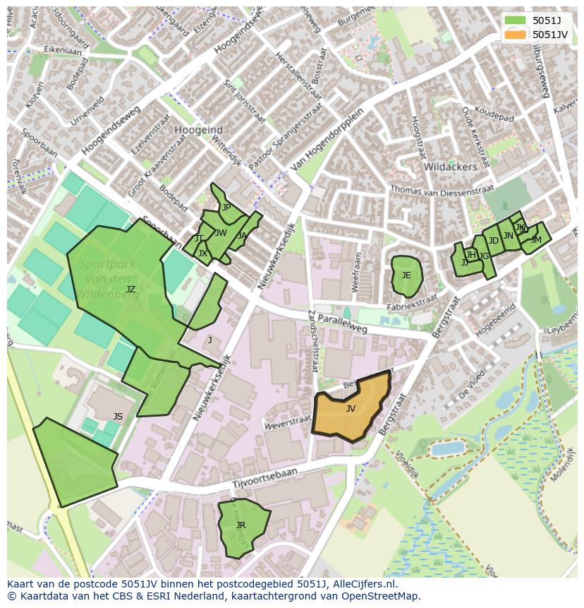 Afbeelding van het postcodegebied 5051 JV op de kaart.