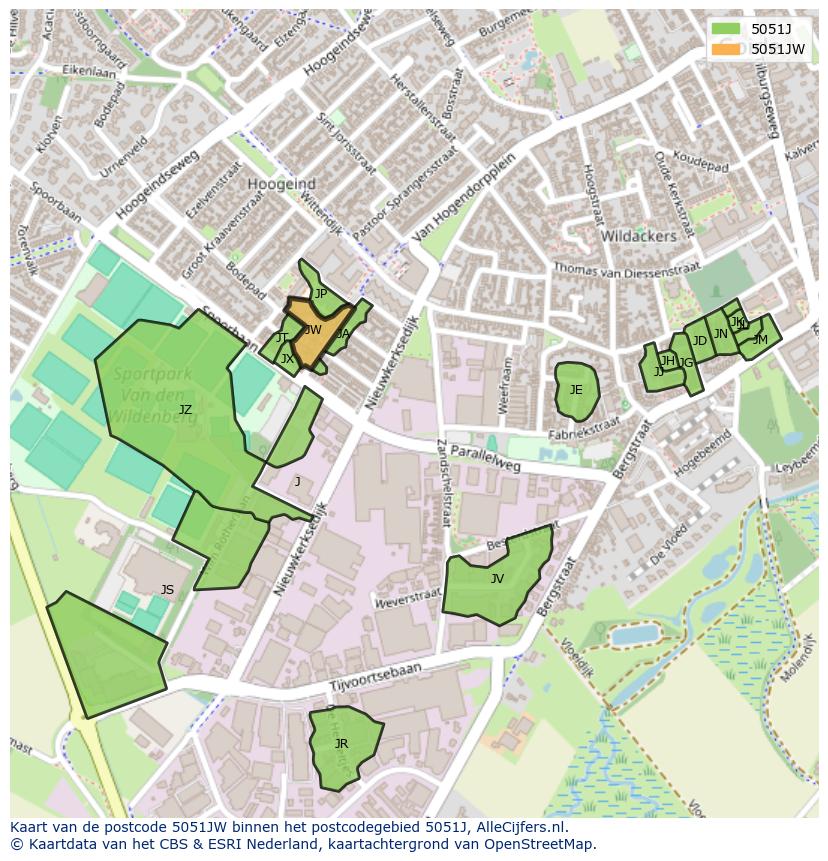 Afbeelding van het postcodegebied 5051 JW op de kaart.