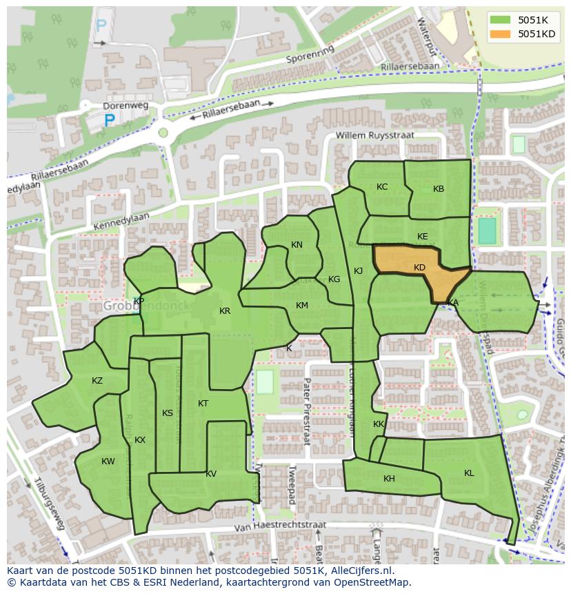 Afbeelding van het postcodegebied 5051 KD op de kaart.