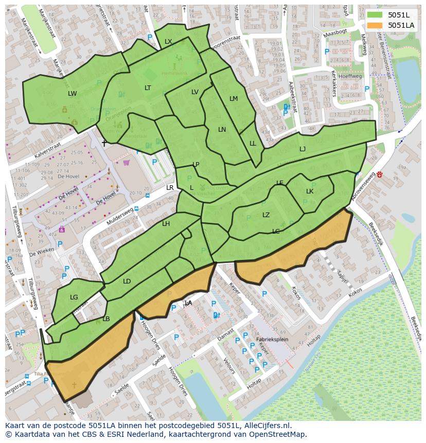Afbeelding van het postcodegebied 5051 LA op de kaart.