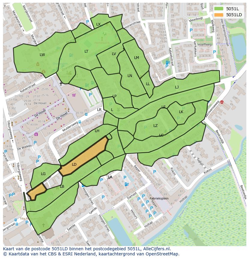 Afbeelding van het postcodegebied 5051 LD op de kaart.