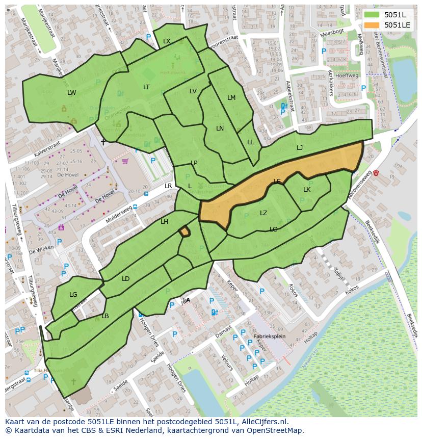 Afbeelding van het postcodegebied 5051 LE op de kaart.